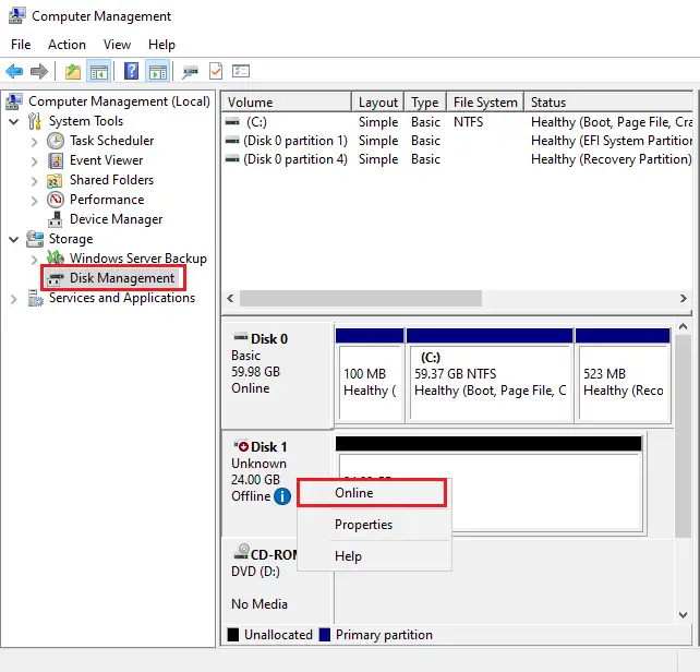 Disk management disk online