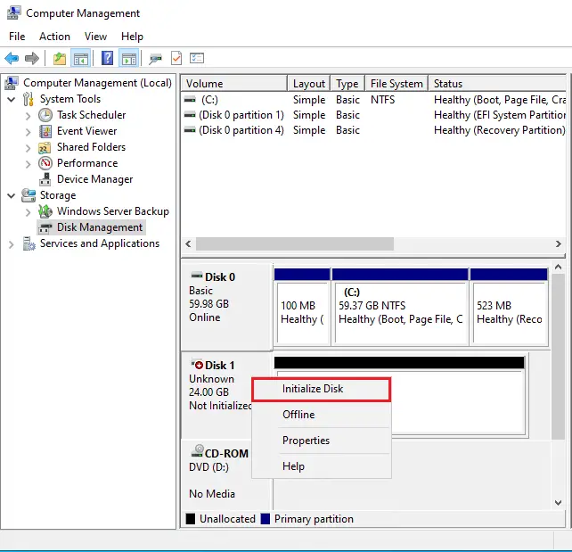 Disk management initialize disk