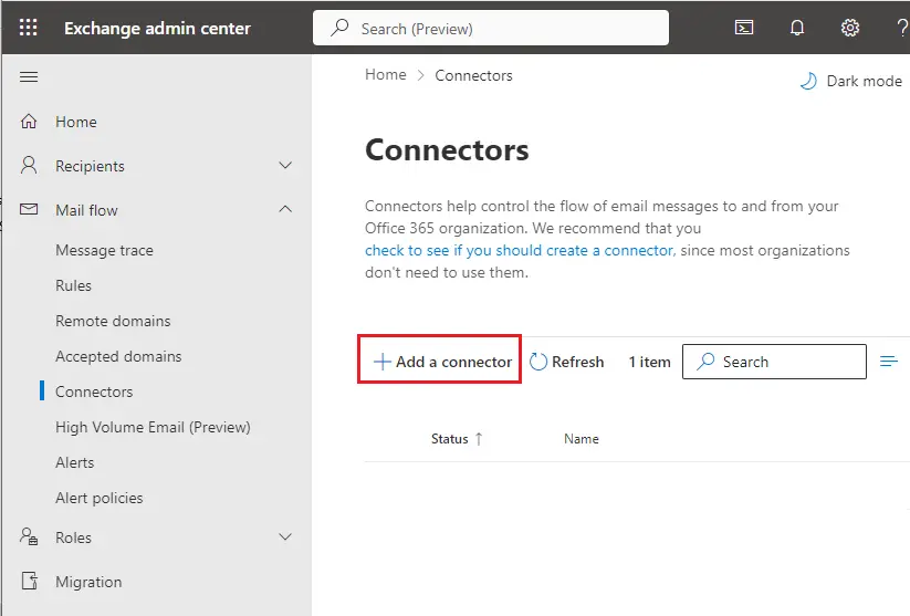 Exchange admin center connectors