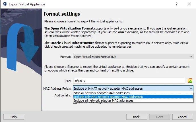 Export virtual appliance in VirtualBox