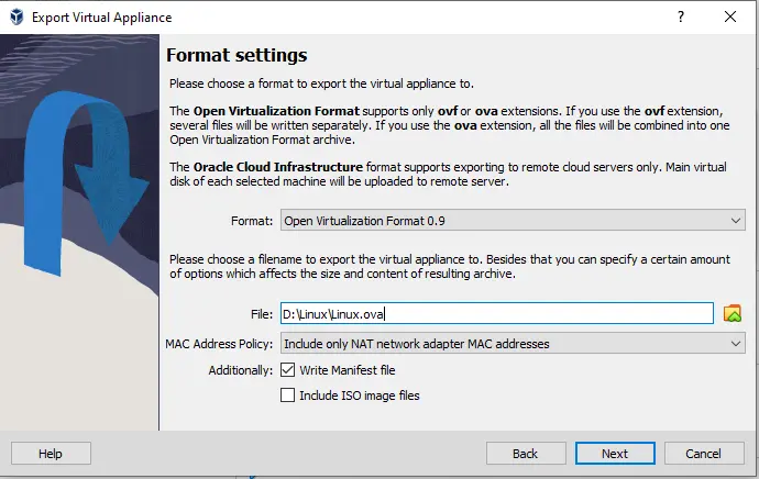 Export virtual machine to OVA