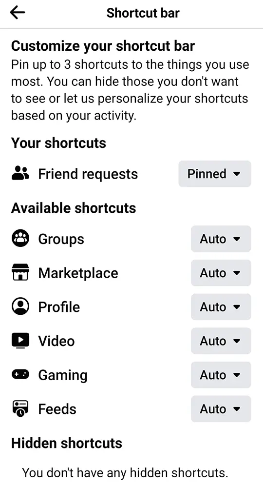 Facebook customize shortcut bar