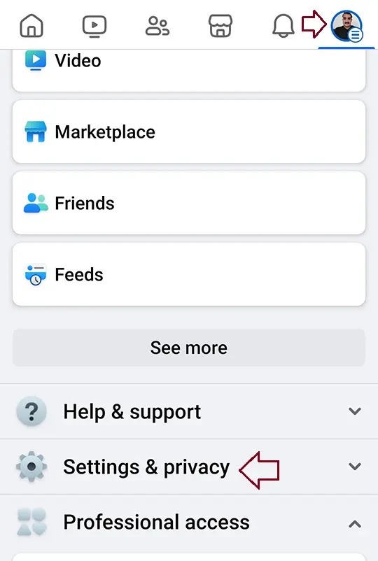 Facebook profile menu