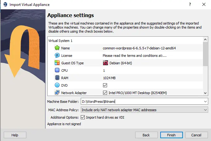 Import bitnami virtual machine in VirtualBox