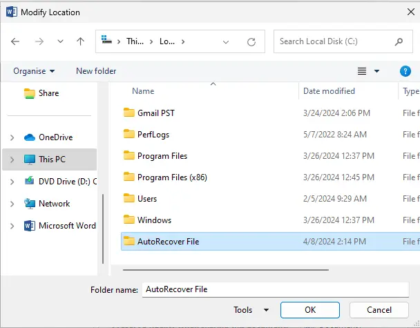 Modify auto recover files location