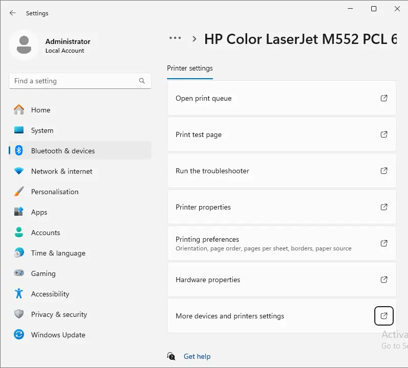 More devices and printers settings