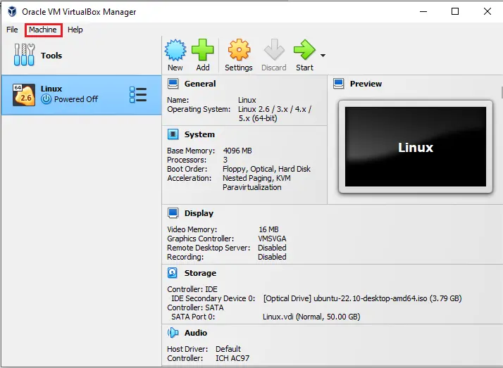 Oracle VM VirtualBox manager