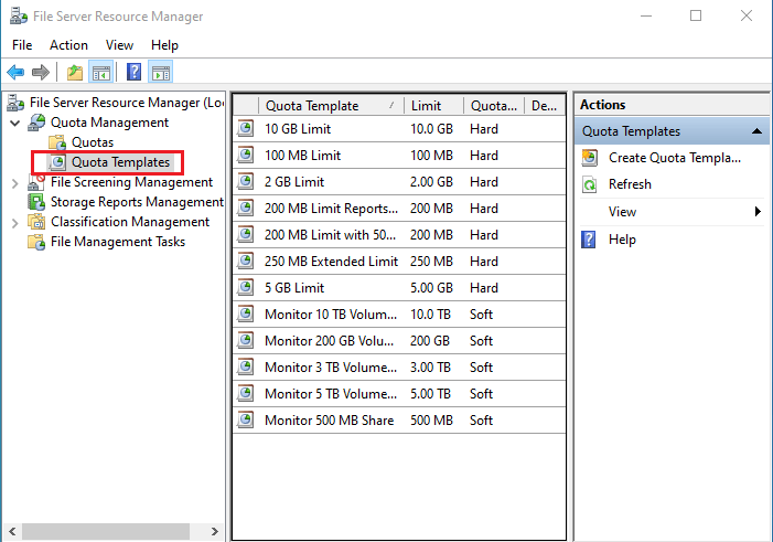 Quota Templates file server
