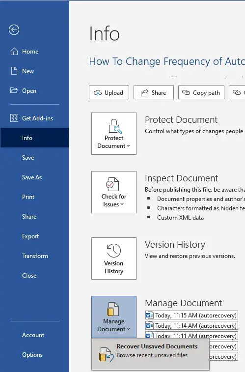 Recover unsaved documents in Word