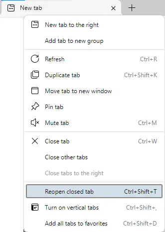 Reopen closed tab in Edge