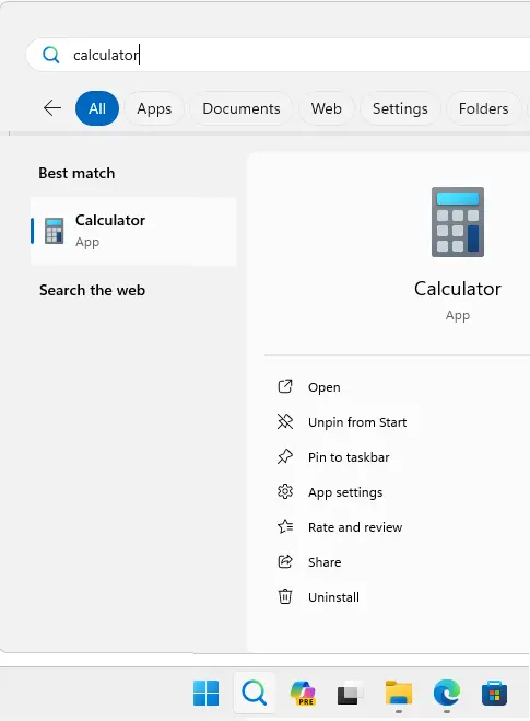 Search calculator in Windows 11