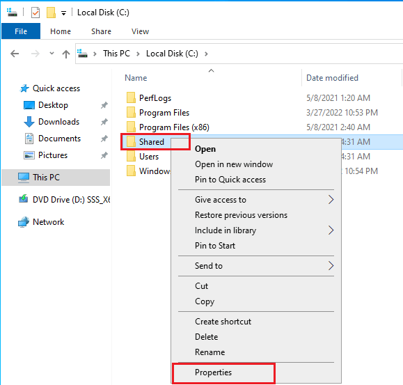 Select folder properties