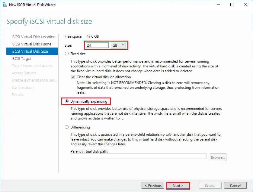 Specify iSCSI virtual disk size