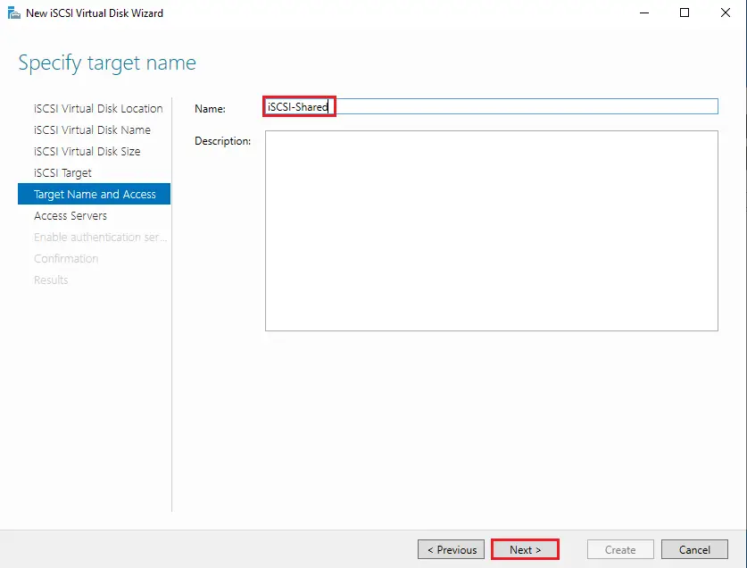 Specify target name, iSCSI