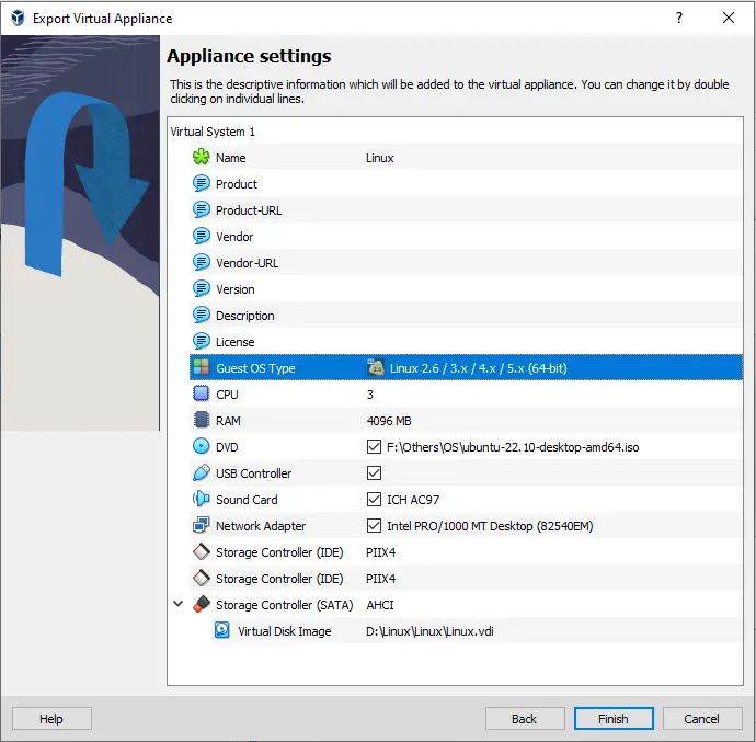 Virtual appliance settings ova VirtualBox