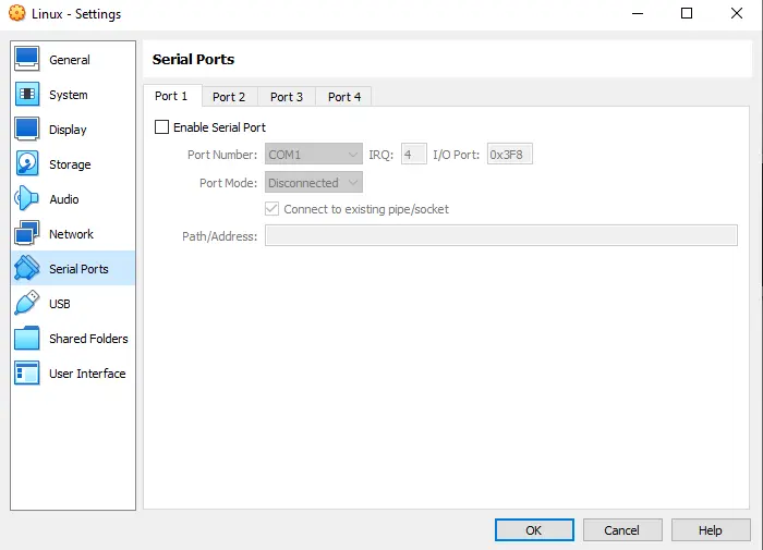 VirtualBox VM settings serial ports