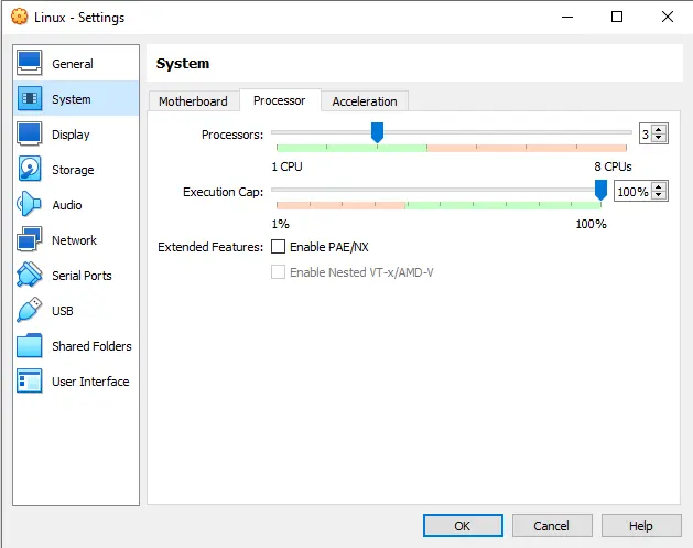 VirtualBox VM settings system