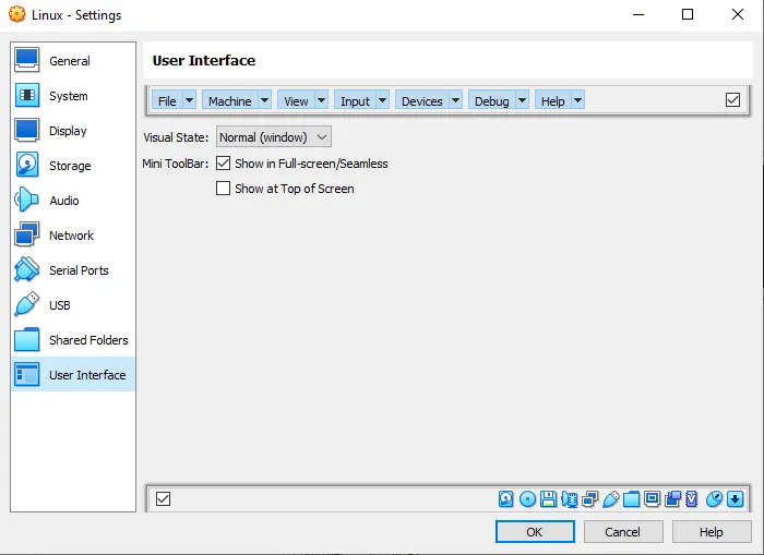 VirtualBox VM user interface settings