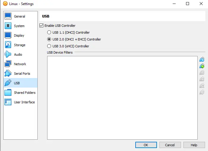 VirtualBox virtual machine USB settings