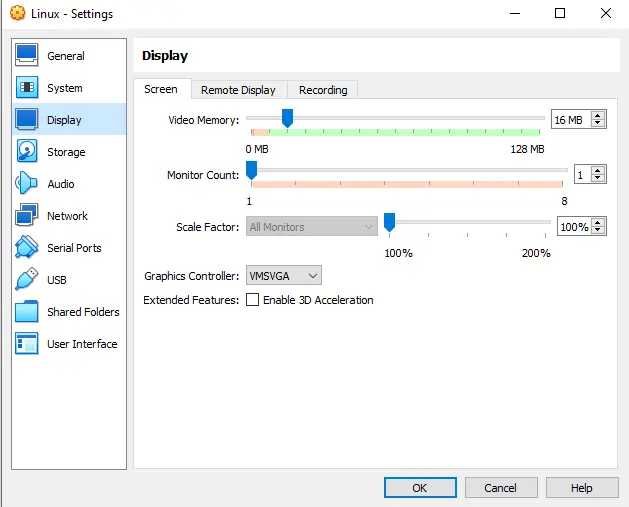 VirtualBox virtual machine setting display