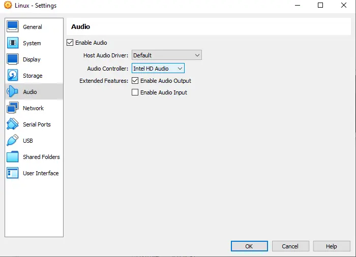 VirtualBox virtual machine settings audio