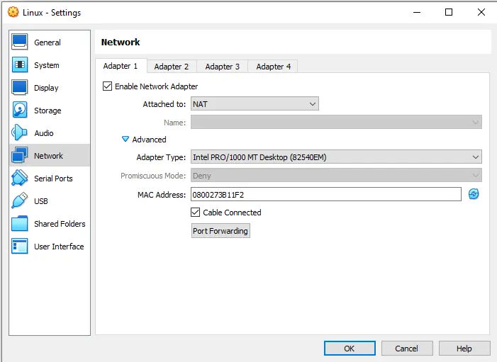 VirtualBox virtual machine settings network