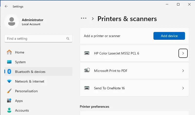 Windows settings printers & scanners