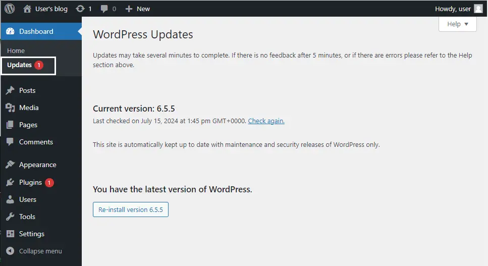 WordPress dashboard updates