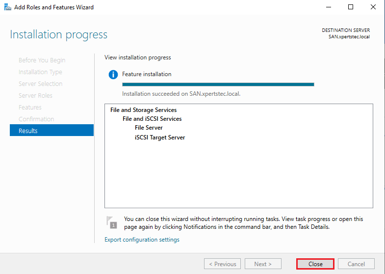 iSCSI target server installation progress