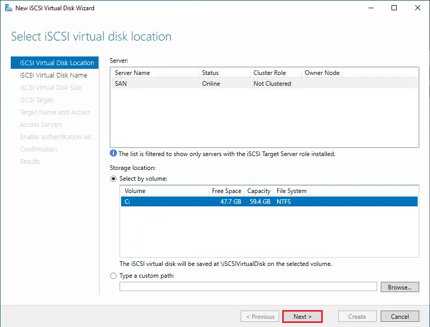 iSCSI virtual disk location