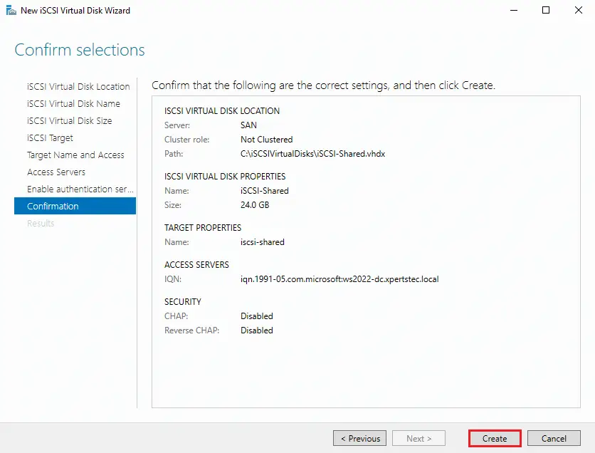 iSCSI virtual disks confirmation