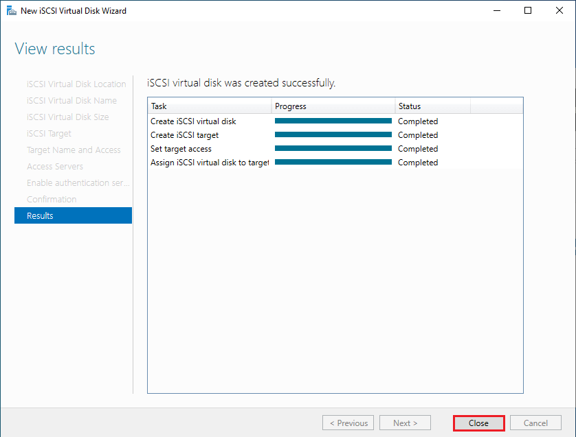 iSCSI virtual disks successfully created