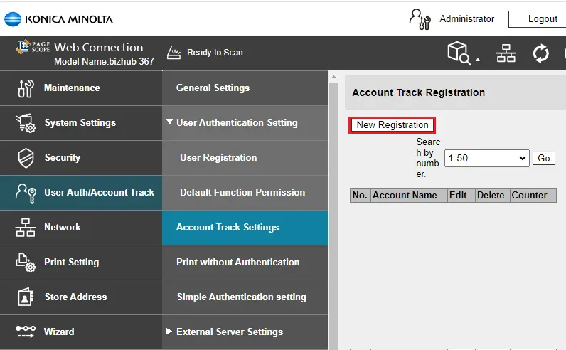 Account track registration Bizhub 367