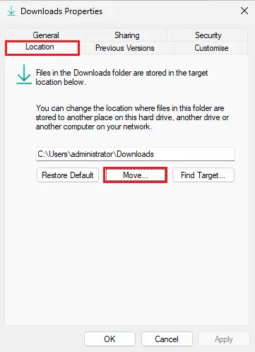 Change download location in Windows