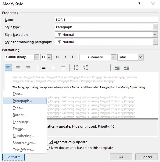 Change style table of content