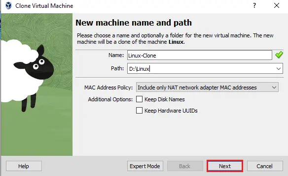 Clone a virtual machine in VirtualBox