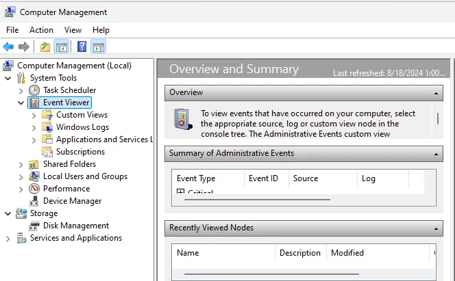 Computer management access event viewer