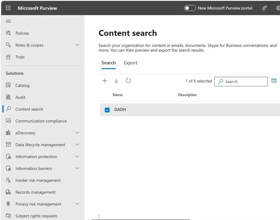 Content search Microsoft compliance portal