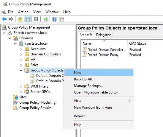 Create new group policy object