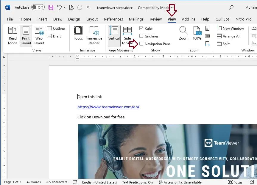 Enable navigation pane in Word