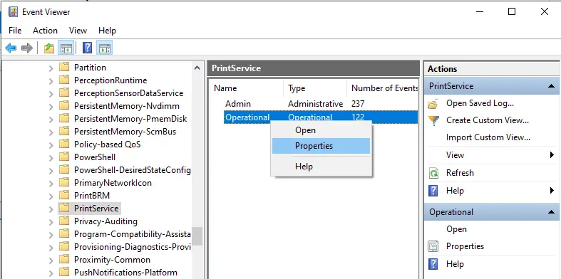 Enable print logs via event viewer