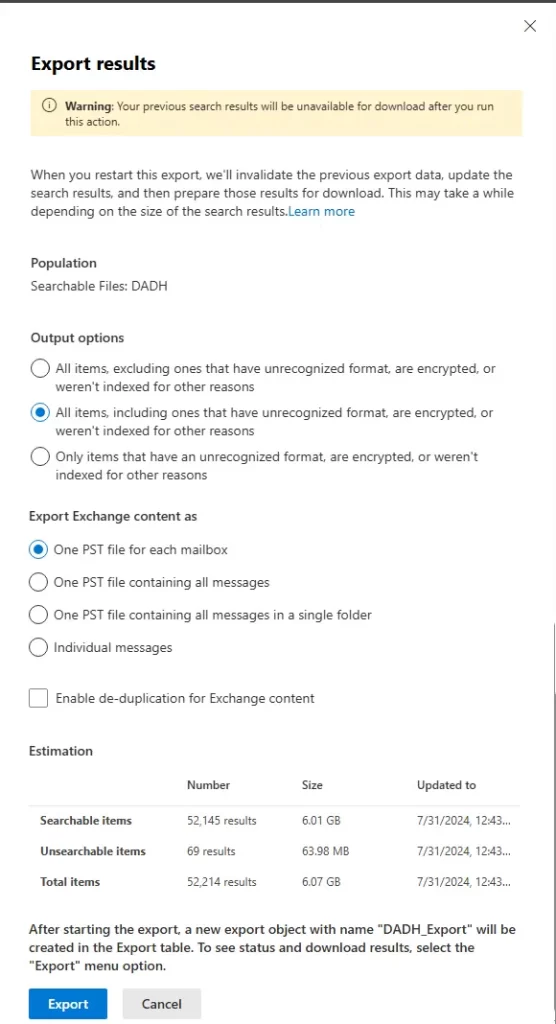 Export exchange content PST file