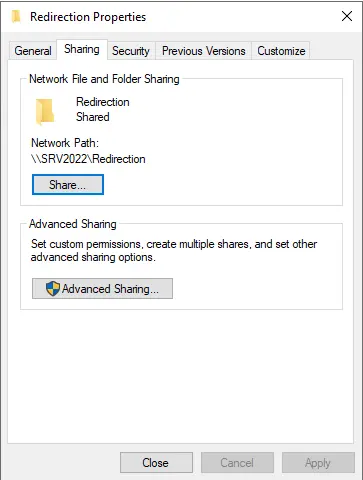 Folder properties sharing tab