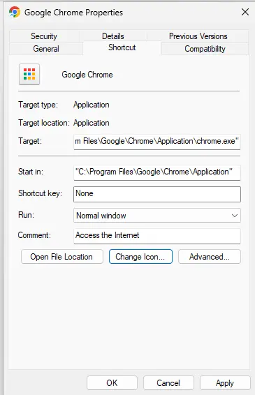 Google chrome shortcut properties