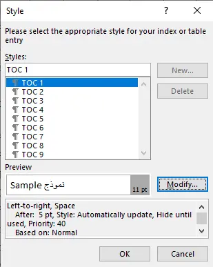 Modify table of contents