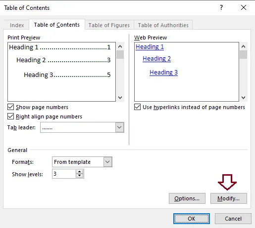 Modify table of contents in Word