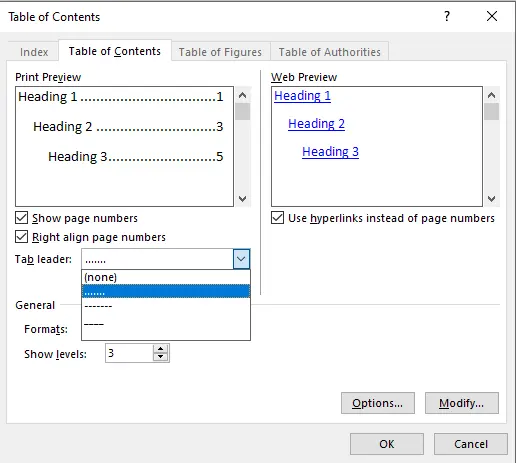 Modify table of contents in Word