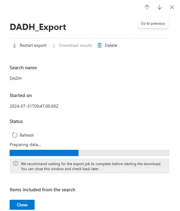 Office 365 email export preparing data