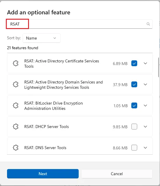 RSAT install on the Optional features page