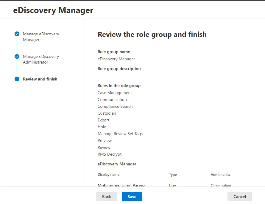 Review the role group eDiscovery manager